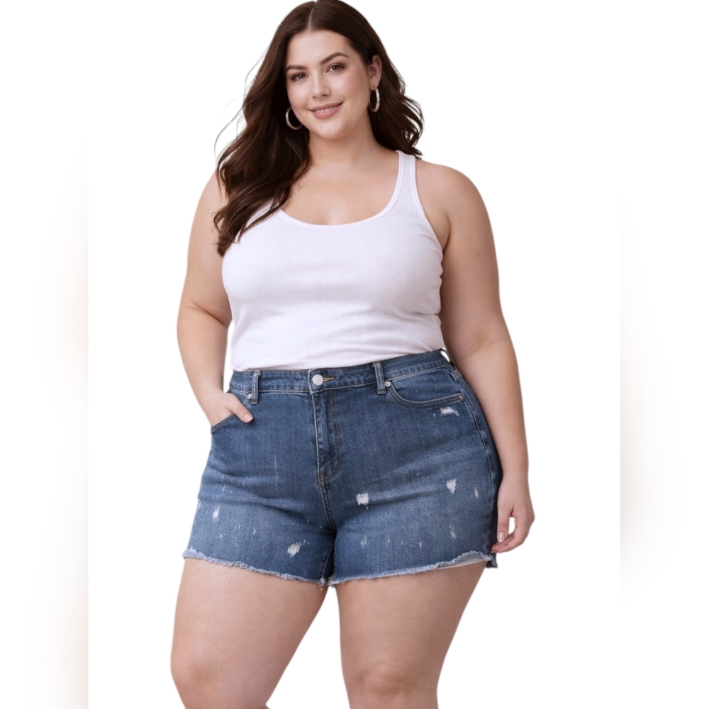 Lane Bryant Flex Magic Waistband Jean Shorts Distressed Mid Rise Boyfriend Sz 16